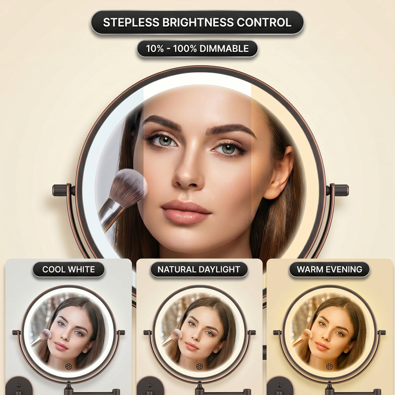 Wall mounted LED makeup mirror illustrating 360-degree rotation and extendable arm