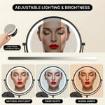 Wall mounted LED makeup mirror illustrating 360-degree rotation and extendable arm