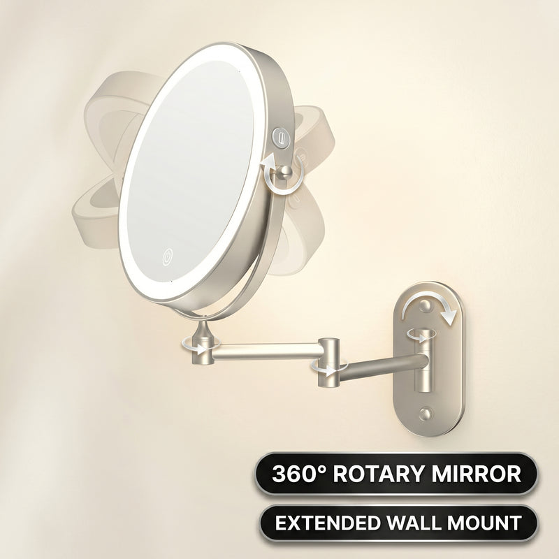 Wall mounted LED makeup mirror illustrating 360-degree rotation and extendable arm