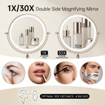 Wall mounted LED makeup mirror illustrating 360-degree rotation and extendable arm