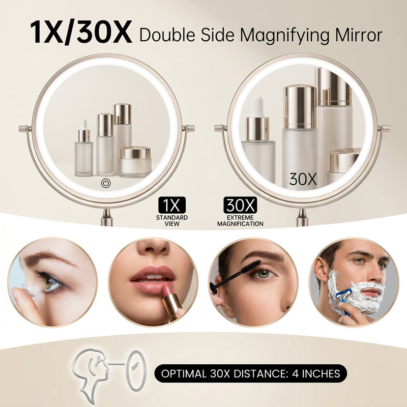 Wall mounted LED makeup mirror illustrating 360-degree rotation and extendable arm