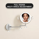 Wall mounted LED makeup mirror illustrating 360-degree rotation and extendable arm