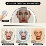Wall mounted LED makeup mirror illustrating 360-degree rotation and extendable arm
