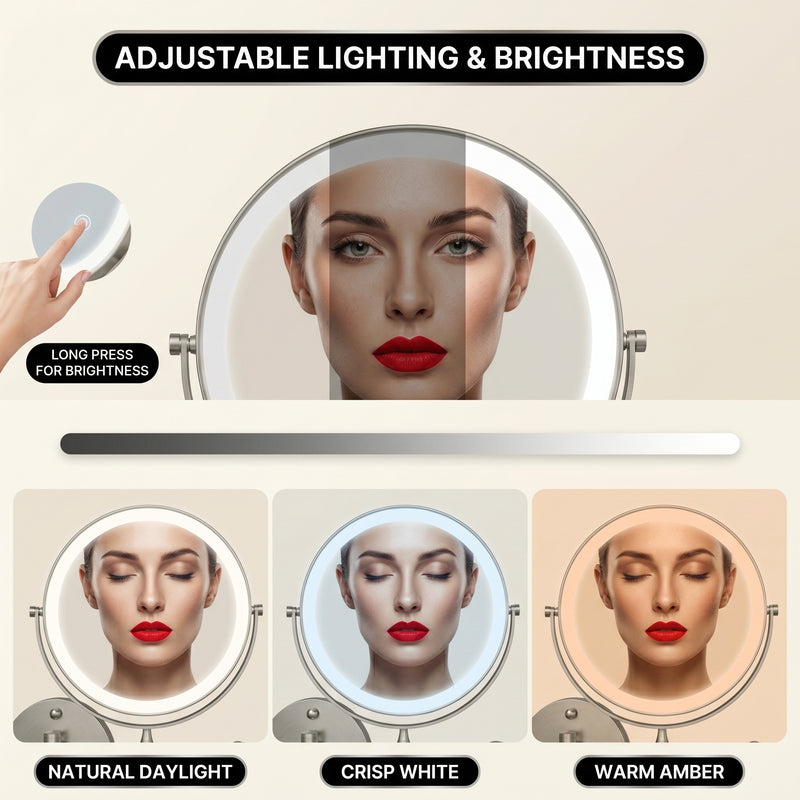 Wall mounted LED makeup mirror illustrating 360-degree rotation and extendable arm
