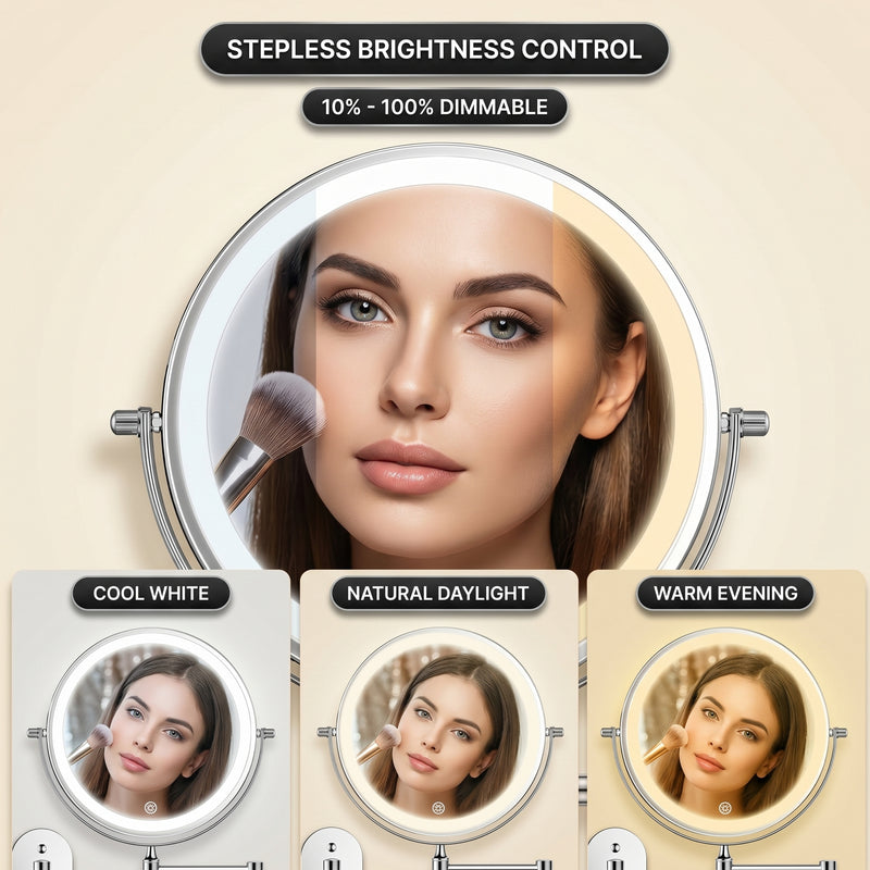 Wall mounted LED makeup mirror illustrating 360-degree rotation and extendable arm