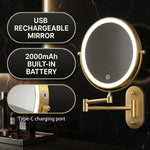 Wall mounted LED makeup mirror illustrating 360-degree rotation and extendable arm