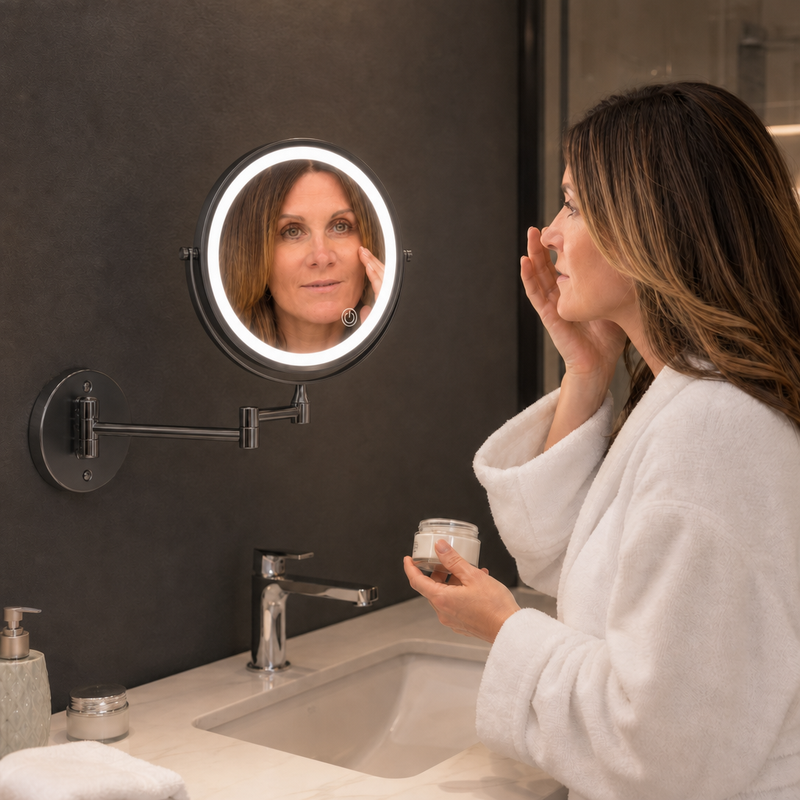 Woman adjusting a wall mounted LED magnifying makeup mirror in a bathroom vanity setting