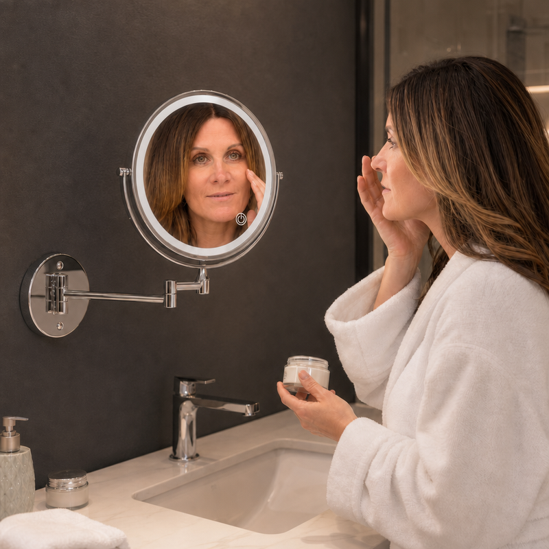Woman adjusting a wall mounted LED magnifying makeup mirror in a bathroom vanity setting