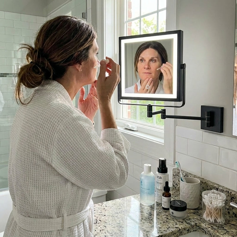 Woman using the wall-mounted makeup mirror at a bathroom vanity