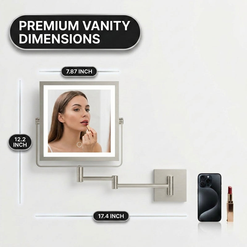 Wall-mounted makeup mirror dimensions: 7.87 by 12.2 inches, extends to 17.4 inches