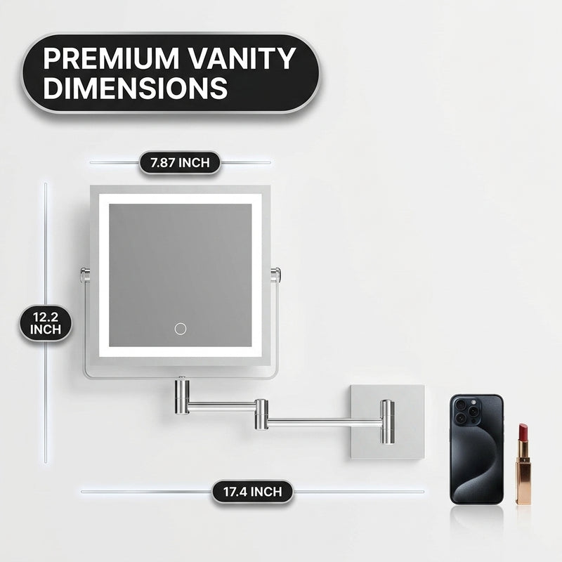 Wall-mounted makeup mirror dimensions: 7.87 by 12.2 inches, extends to 17.4 inches