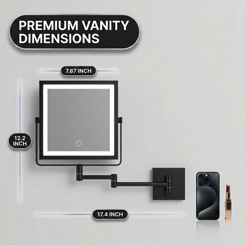 Wall-mounted makeup mirror dimensions: 7.87 by 12.2 inches, extends to 17.4 inches