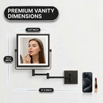 Wall-mounted makeup mirror dimensions: 7.87 by 12.2 inches, extends to 17.4 inches