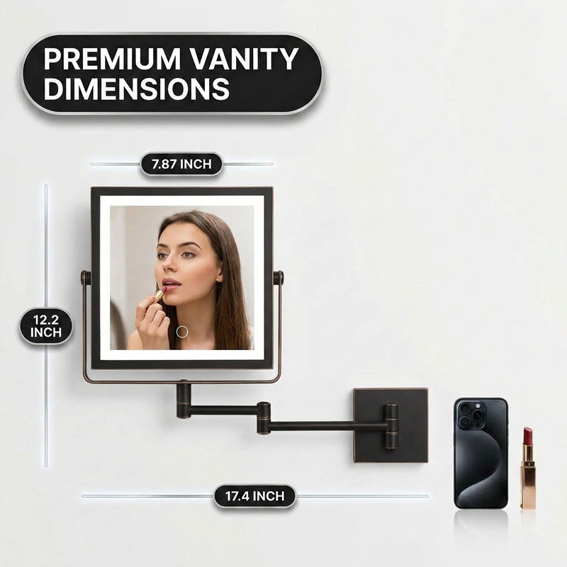 Wall-mounted makeup mirror dimensions: 7.87 by 12.2 inches, extends to 17.4 inches
