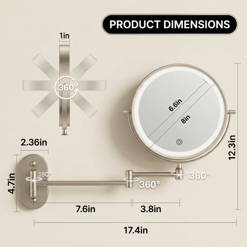 Dimension diagram of the wall mounted LED makeup mirror showing width and height measurements