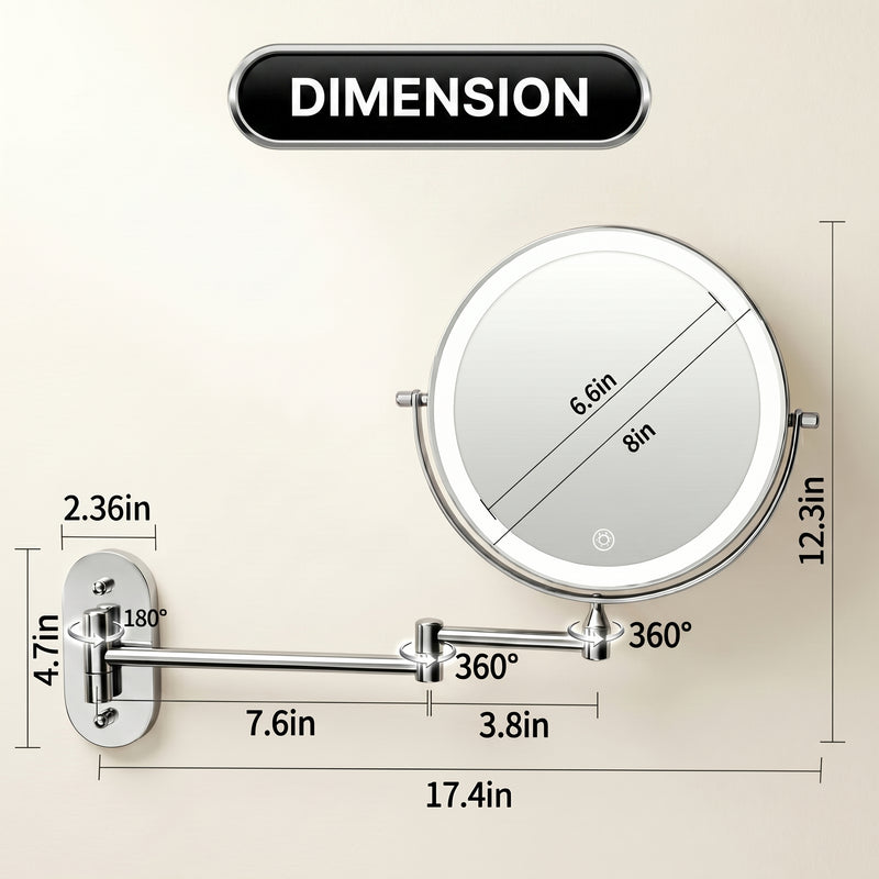 Dimension diagram of the wall mounted LED makeup mirror showing width and height measurements