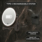 Wall mounted LED makeup mirror callout showing USB rechargeable design and built-in battery