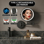 Wall mounted LED makeup mirror callout showing USB rechargeable design and built-in battery
