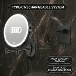 Wall mounted LED makeup mirror callout showing USB rechargeable design and built-in battery