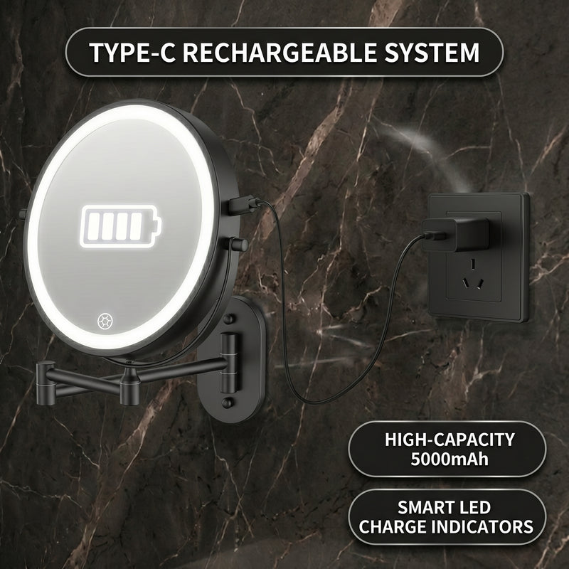 Wall mounted LED makeup mirror callout showing USB rechargeable design and built-in battery