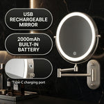 Wall mounted LED makeup mirror callout showing USB rechargeable design and built-in battery
