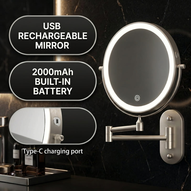 Wall mounted LED makeup mirror callout showing USB rechargeable design and built-in battery