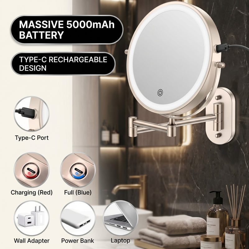 Wall mounted LED makeup mirror callout showing USB rechargeable design and built-in battery