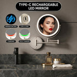 Wall mounted LED makeup mirror callout showing USB rechargeable design and built-in battery