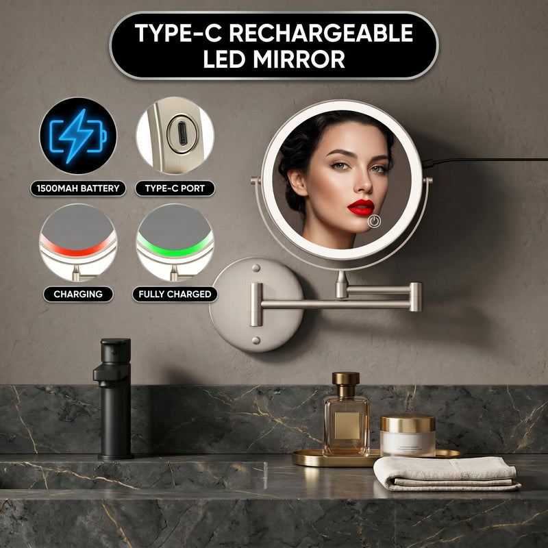 Wall mounted LED makeup mirror callout showing USB rechargeable design and built-in battery