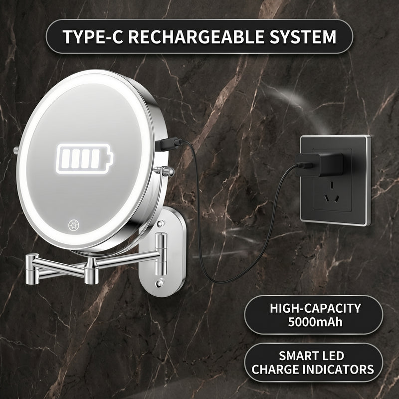 Wall mounted LED makeup mirror callout showing USB rechargeable design and built-in battery