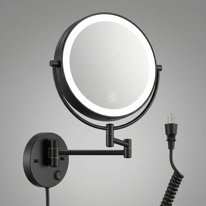 Chrome wall-mounted plug-in magnifying mirror with extendable arm