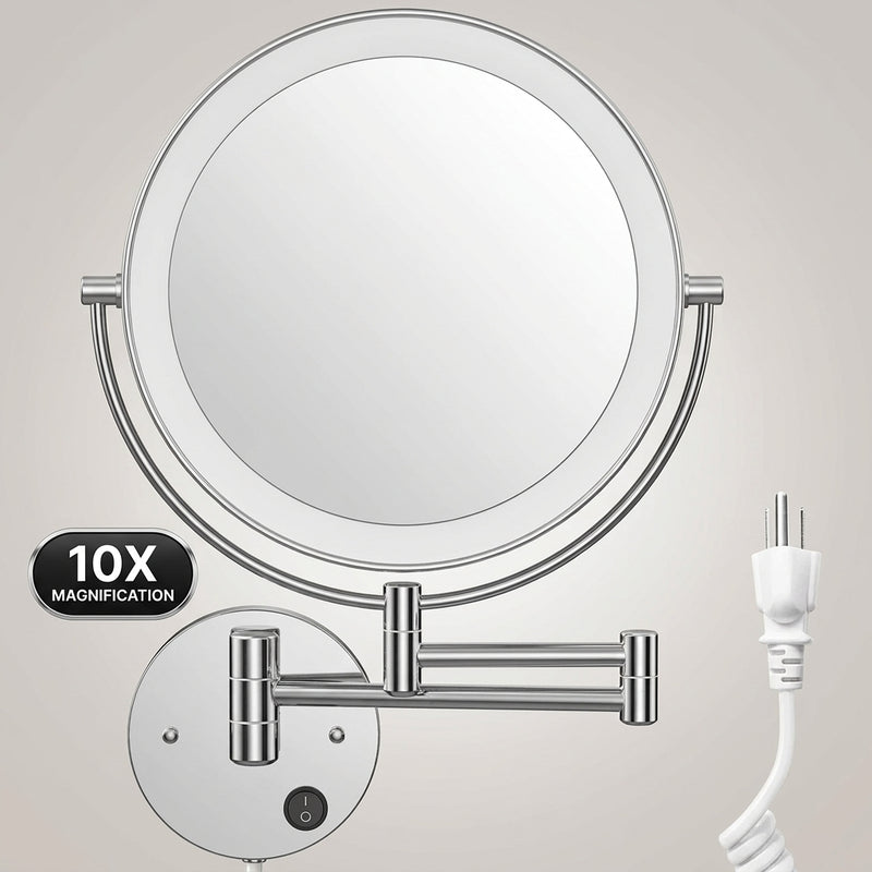 Chrome wall-mounted plug-in magnifying mirror with extendable arm