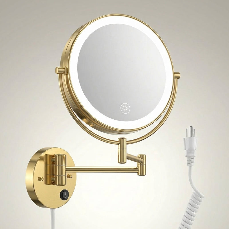 Chrome wall-mounted plug-in magnifying mirror with extendable arm
