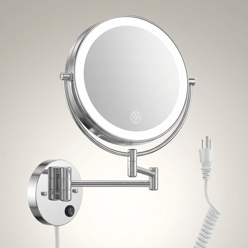 Chrome wall-mounted plug-in magnifying mirror with extendable arm