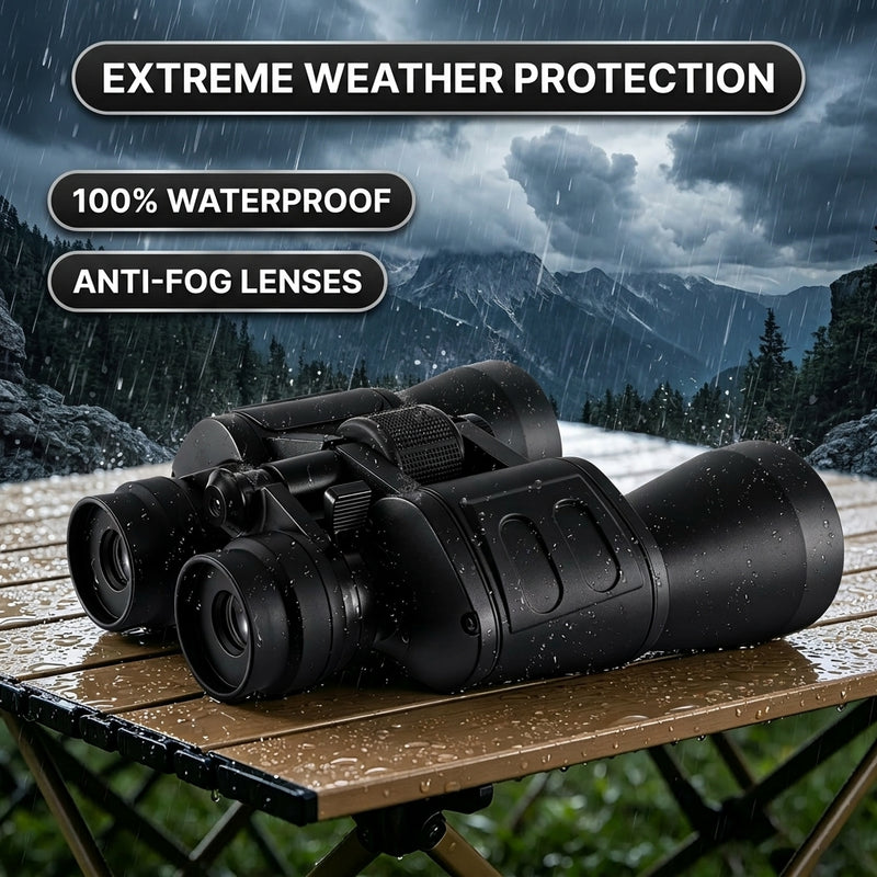 Waterproof, anti-fog binoculars shown outdoors in rainy conditions
