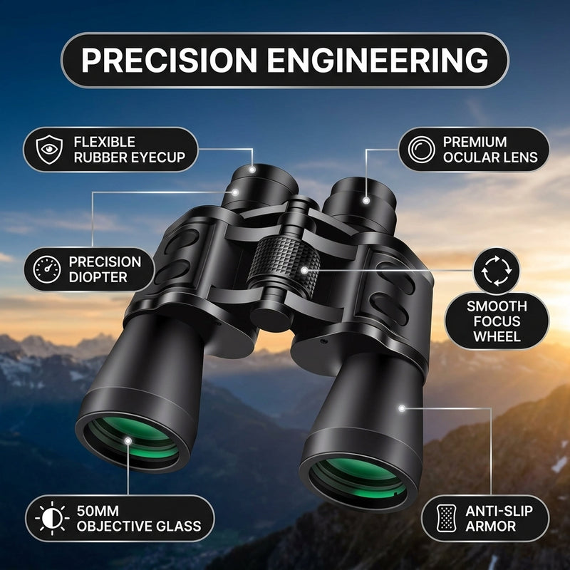 Waterproof, anti-fog binoculars shown outdoors in rainy conditions