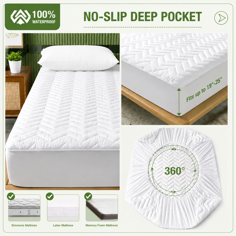 Waterproof mattress protector feature icons: bamboo, ultra-soft, skin-friendly, breathable, noiseless