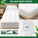 Waterproof mattress protector feature icons: bamboo, ultra-soft, skin-friendly, breathable, noiseless