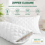 Waterproof mattress protector feature icons: bamboo, ultra-soft, skin-friendly, breathable, noiseless