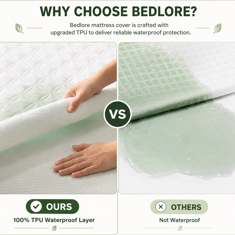 Waterproof mattress protector feature icons: bamboo, ultra-soft, skin-friendly, breathable, noiseless