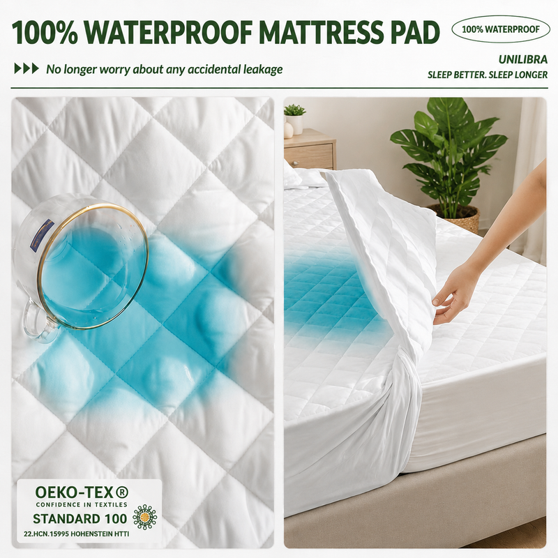 Waterproof mattress protector feature icons: bamboo, ultra-soft, skin-friendly, breathable, noiseless