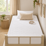Waterproof mattress protector feature icons: bamboo, ultra-soft, skin-friendly, breathable, noiseless