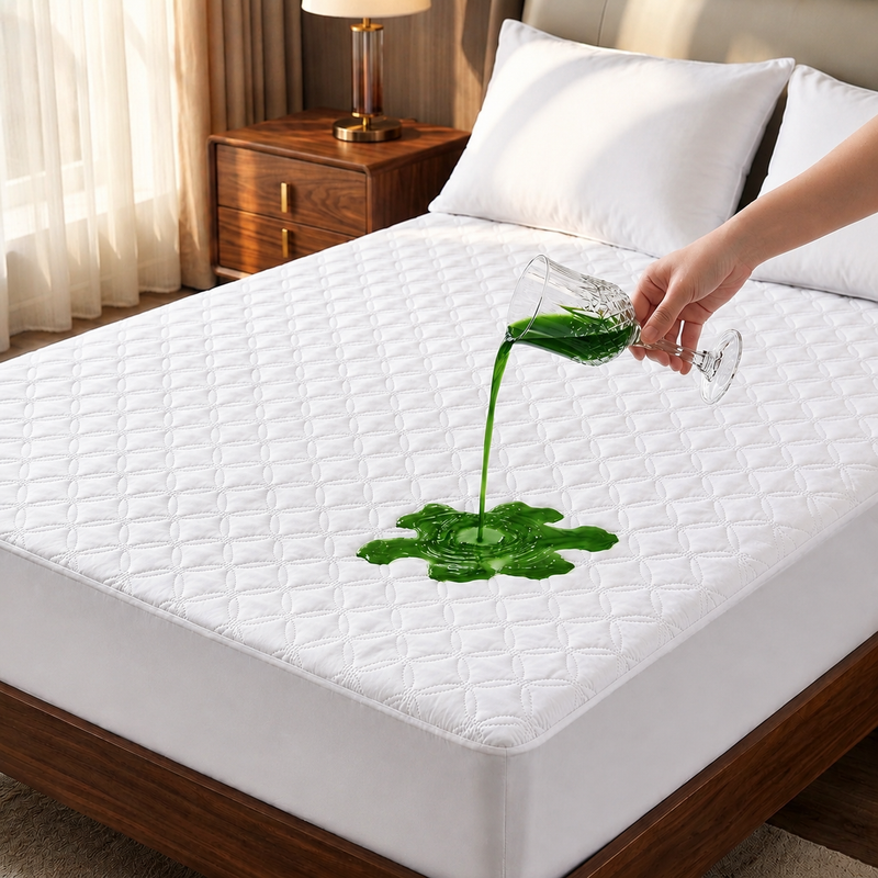 Quilted waterproof mattress protector on a bed in a bright bedroom