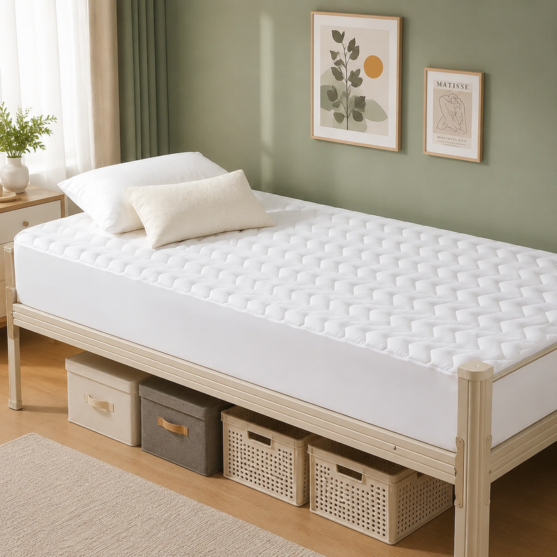 Quilted waterproof mattress protector on a bed in a bright bedroom