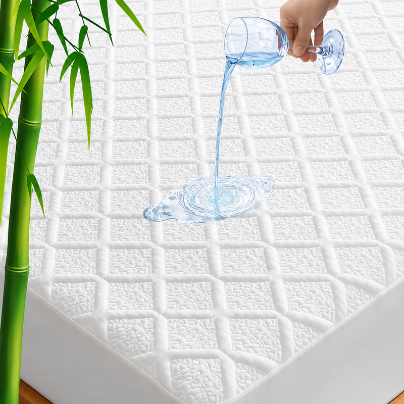 Quilted waterproof mattress protector on a bed in a bright bedroom