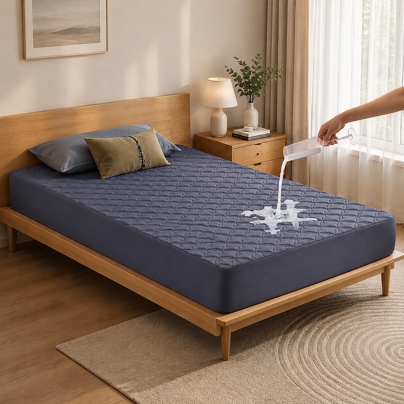 Quilted waterproof mattress protector on a bed in a bright bedroom