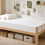 Quilted waterproof mattress protector on a bed in a bright bedroom