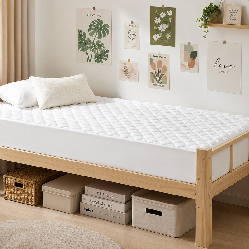 Quilted waterproof mattress protector on a bed in a bright bedroom