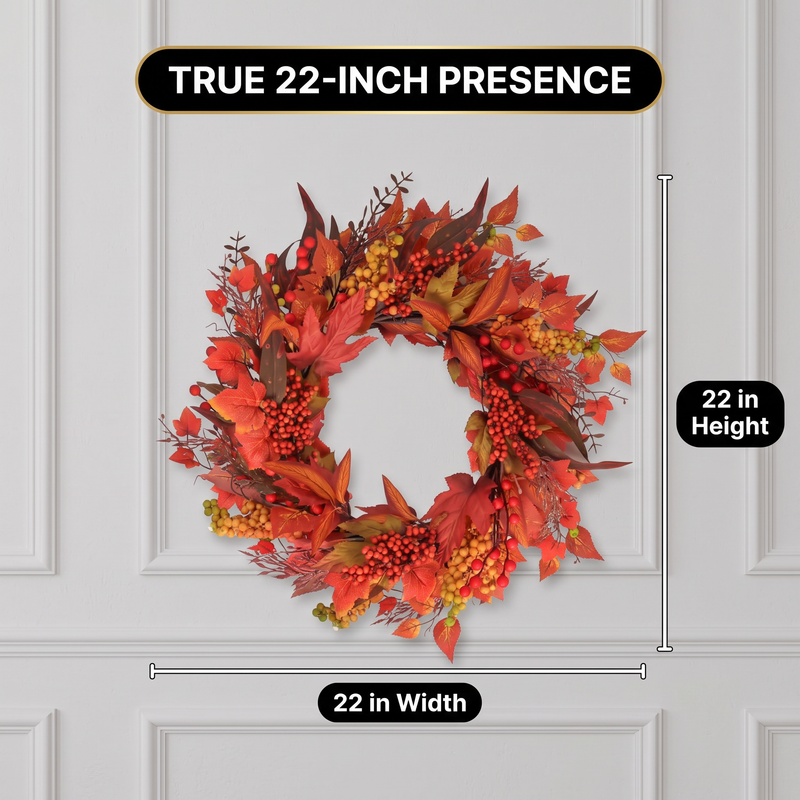 Woman hanging an artificial fall wreath on a front door